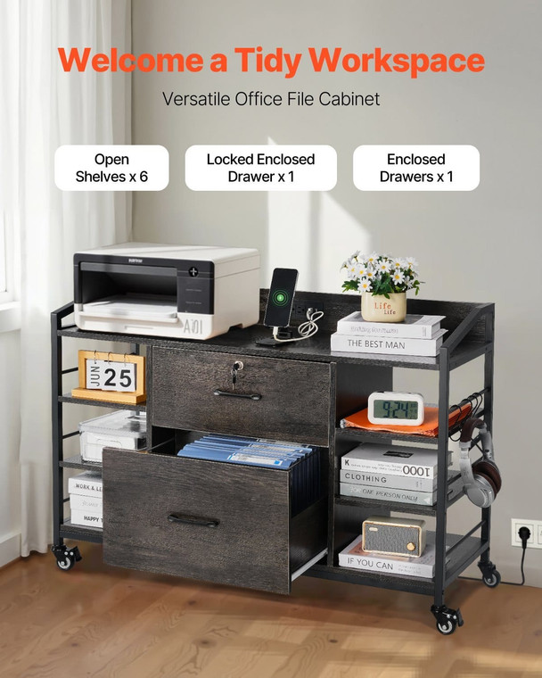2 Drawers Metal File Cabinet, Lateral Filing Cabinet with Lock and 6 Open Shelves, Wooden Wide Fili E415-JSHXWJGJDDMZW3F0X001V1