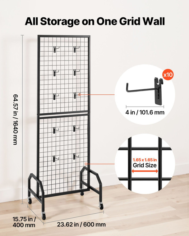 Grid Wall Panel, 1.9 x 5.4 ft Wire Grid Panels Display Rack, Movable Art Display Shelf with Wheels  E415-LSWGQ6070INCBK7NM001V0