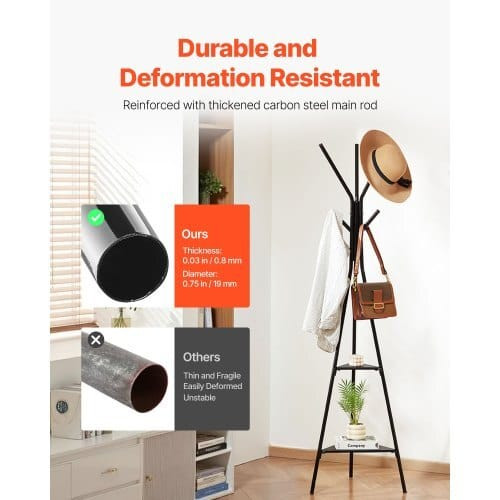 Coat Rack, Freestanding Coats Rack Stand with 2 Shelves & 6 Hooks, Free Standing Hall Coat Tree for E415-YMJDTPJSGJ00O5645001V0