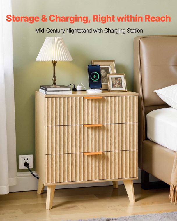 Fluted Nightstand with Charging Station, with 3 Drawers, Dresser for Bedroom, Mid Century Modern En E415-BCGBSBZHBCTJ9KRXZ001V1