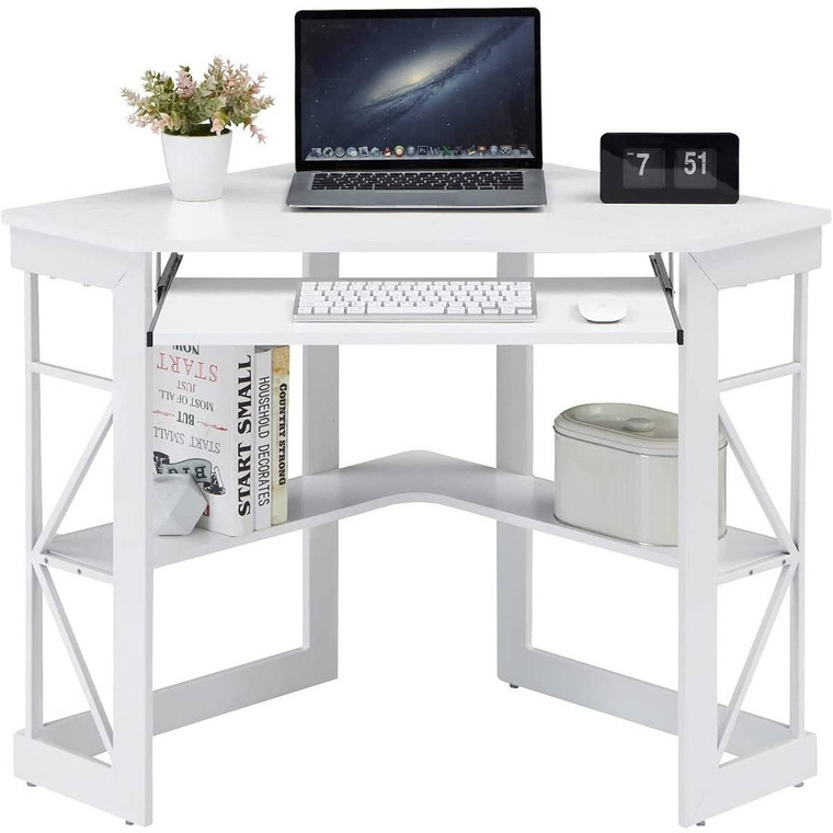Corner Computer Desk with Keyboard Tray Storage Shelves in White Q280-WHTVEC9735421