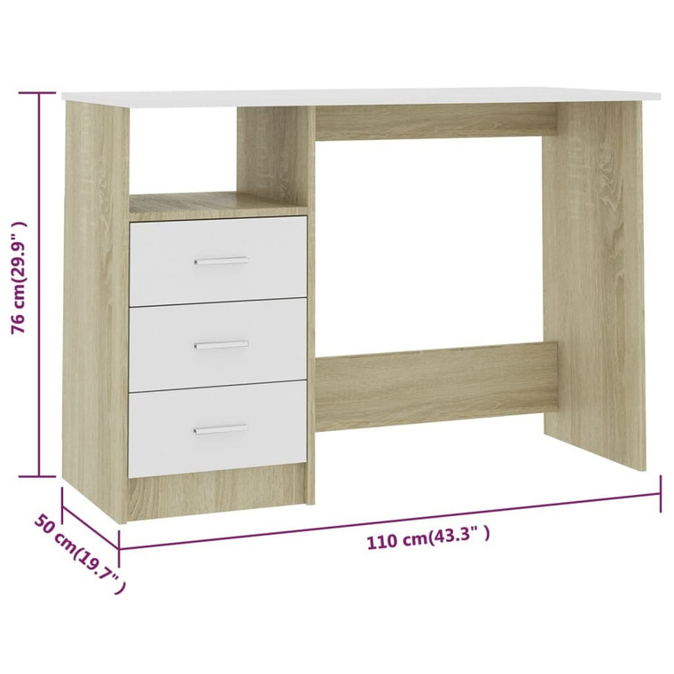 Desk with Drawers White and Sonoma Oak 43.3"x19.7"x29.9" Engineered Wood A949-800563