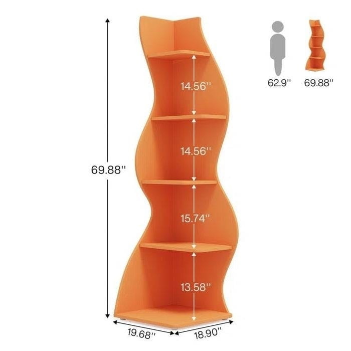 Modern Wave Shape 5 Shelf Corner Bookcase in Orange Wood Finish Q280-ORGNTVF6744