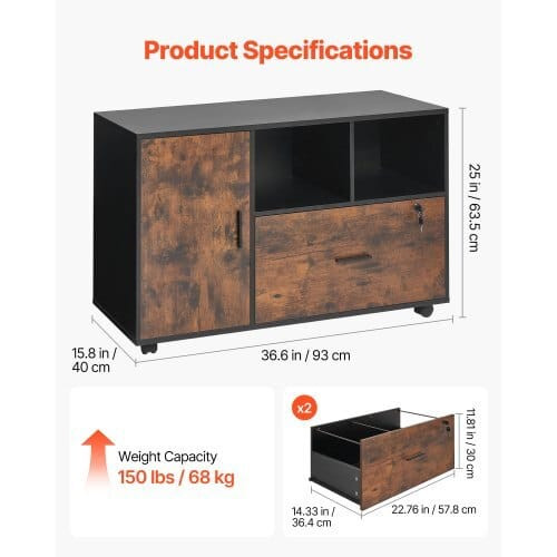 Wood File Cabinet, Mobile Filing Cabinet with Open Shelves, Lockable Lateral Rolling File Storage w E415-MZHXWJJHSZSDBRJA5001V0