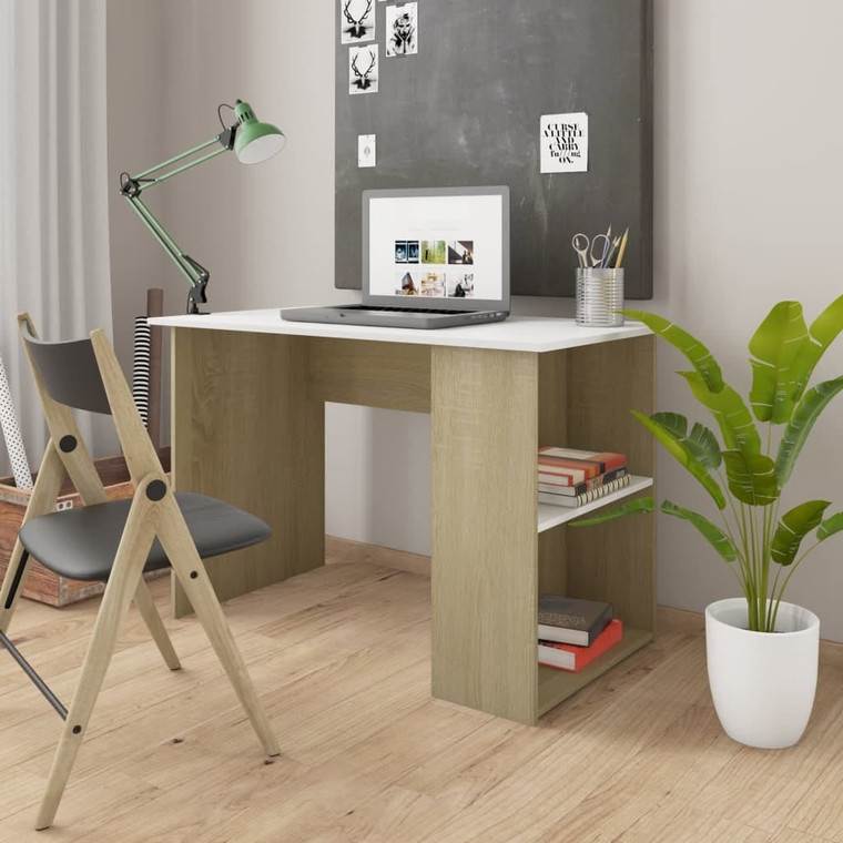 Desk White and Sonoma Oak 43.3"x23.6"x28.7" Engineered Wood A949-800581