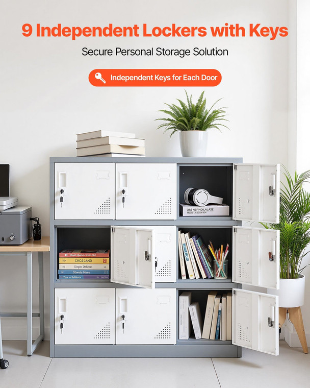 9 Doors Metal Locker, Lockable Steel Storage Cabinet, 66 lbs Loading Capacity, 2 Keys for Each Door E415-JCJHSBM120LBIX0DQ001V0