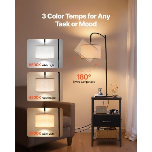 Floor Lamp with Table, 3-Tier End Table with Drawer and 3 Color Temperature Lighting, Modern Side N E415-TYBZFXTMBKFSLCUOT001V1
