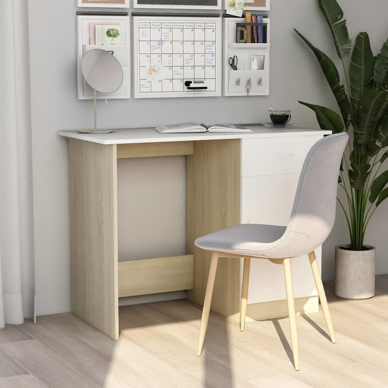 Desk White and Sonoma Oak 39.4"x19.7"x29.9" Engineered Wood A949-801085
