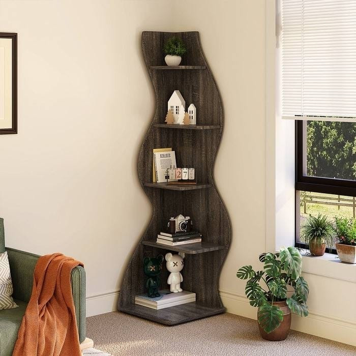 Modern 5 Shelf Corner Bookcase in Grey Wood Finish Q280-GRTBD567365