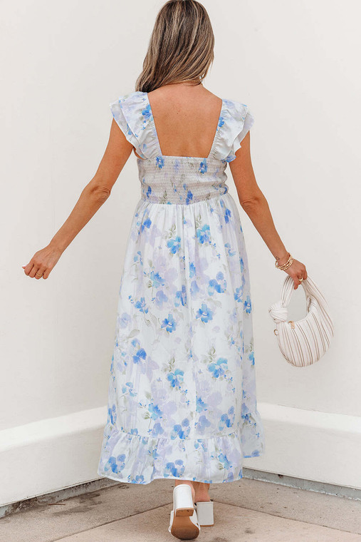 Sky Blue Floral Smocked High Waist Double Ruffle Sleeveless Long Dress T543-8784185983218