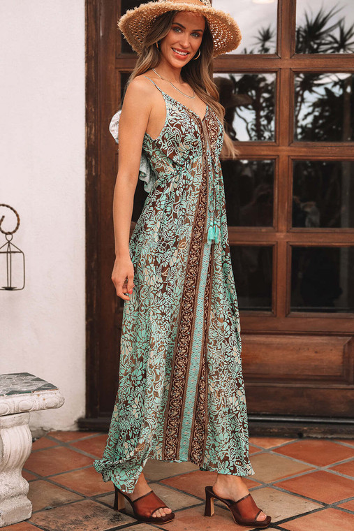 Green Floral Print V Neck Ruffled Trim Backless Tassel Waist Maxi Dress T543-8794159743218