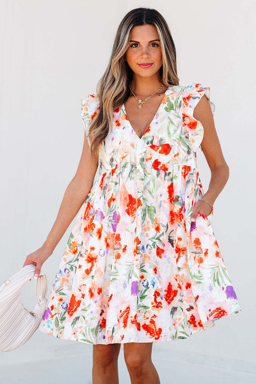 Pink Floral Double Ruffle Sleeve V Neck High Waist Mini Dress T543-8786264097010