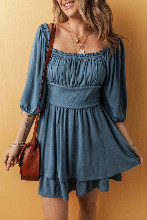 Real Teal Frilled Neckline 3/4 Sleeve Layered Ruched Mini Dress T543-8793076072690