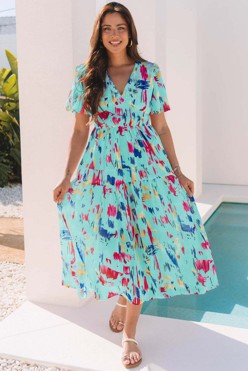 Sky Blue Abstract Print Short Puff Sleeve Tiered Maxi Dress T543-8782350450930