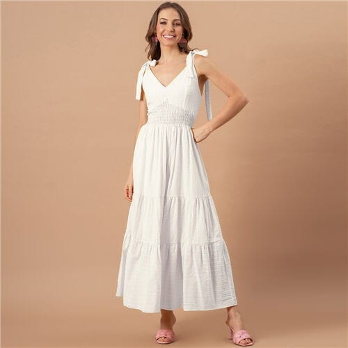 Summer Bow-knot Shoulder Strap Solid Color French Style Romantic Jacquard Dress - White A392-fasd0182