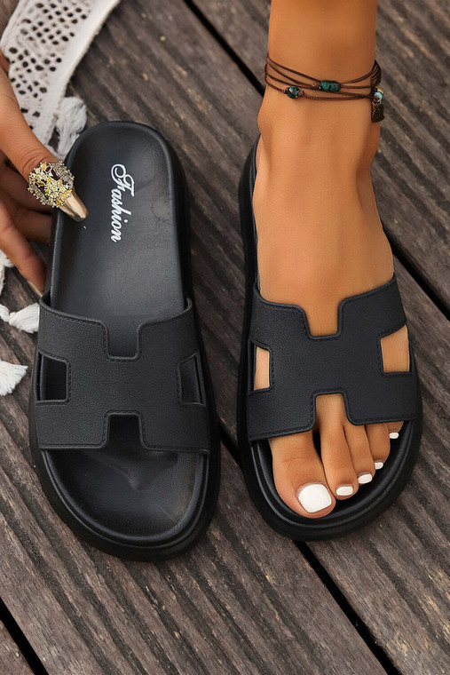 Black Cutout Design Open Toe Platform Slippers (Run Small, Size Up) T543-8783381692658