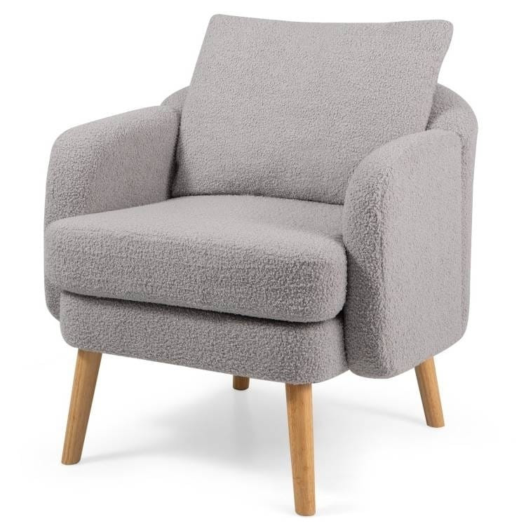 Modern Grey Sherpa Fabric Upholstered Accent Chair with Wooden Legs Q280-GRUJKJ65981