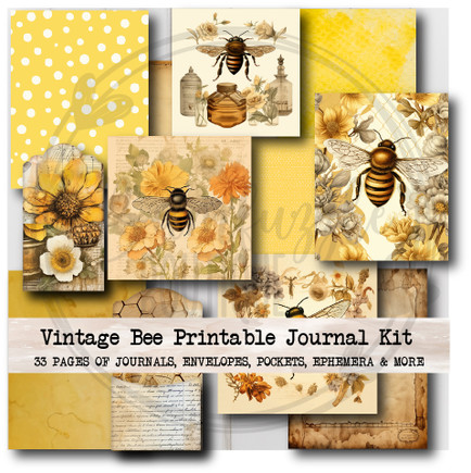 Honey Bee Rustic Junk Journal Kit - Printable Digital Ephemera, Cards, Envelopes, Paper, Tags, Tickets - Honeycomb Yellow Flowers Printable
