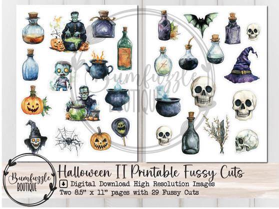 Halloween Fussy Cut Ephemera Pages - 29 High Quality Printable Digital Download - Junk Journal, Pumpkins, Potions, Skeletons, Cauldrons, Bat