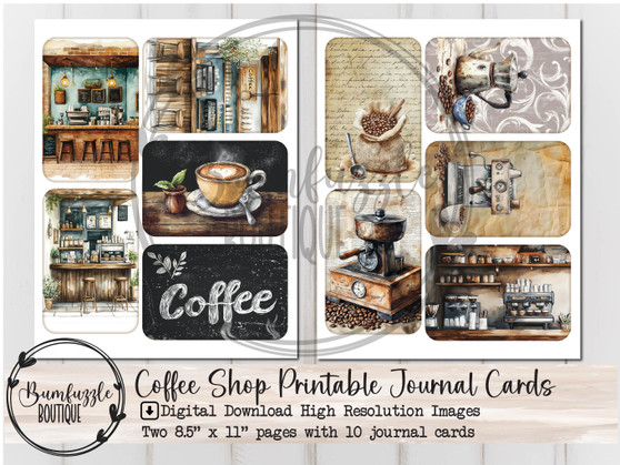Coffee Shop Journal Cards Ephemera Page - 10 High Quality Printable Digital Download - Junk Journal Supplies, Cafe Tags Scrapbook Vintage