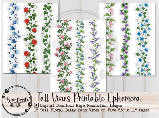 Tall Floral Vines Ephemera Pages - 18 High Quality Printable Digital Download - Belly Band, Edge Decal, Junk Journal, Vintage Flowers, Fussy