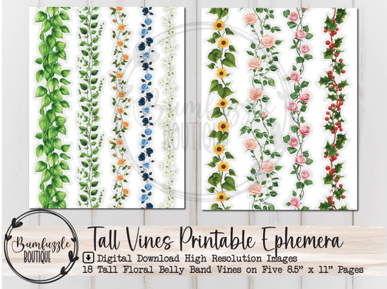 Tall Floral Vines Ephemera Pages - 18 High Quality Printable Digital Download - Belly Band, Edge Decal, Junk Journal, Vintage Flowers, Fussy
