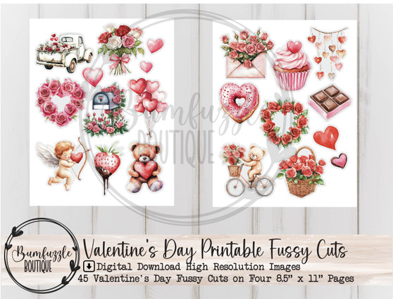 Valentines Day Fussy Cut Ephemera Pages - 45 High Quality Printable Digital Download - Junk Journal Cutouts, Valentines Stickers, Love Heart