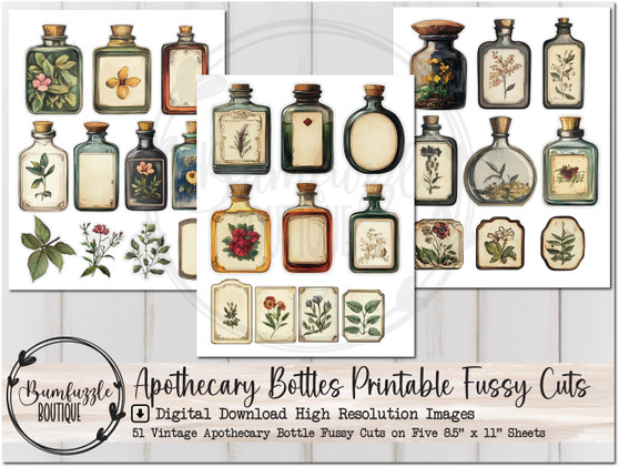 Vintage Apothecary Bottles Fussy Cut Ephemera Pages - 51 High Quality Printable Digital Download - Junk Journal, Labels, Embellishments