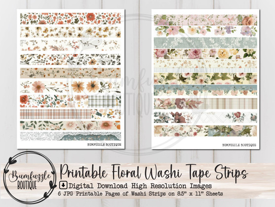 Floral Washi Tape Strips Ephemera Pages - 6 Pages High Quality Printable Digital Download - Belly Band, Edge Decal, Junk Journal, Vintage