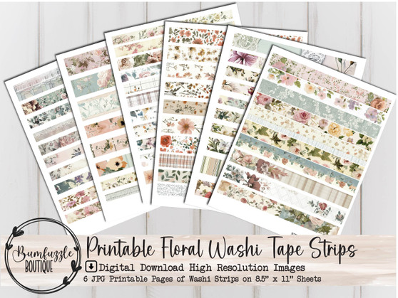 Floral Washi Tape Strips Ephemera Pages - 6 Pages High Quality Printable Digital Download - Belly Band, Edge Decal, Junk Journal, Vintage