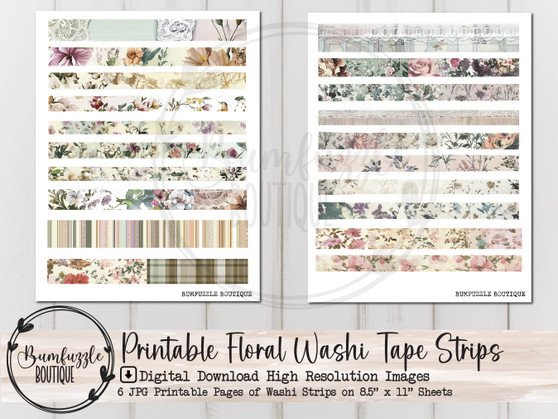 Floral Washi Tape Strips Ephemera Pages - 6 Pages High Quality Printable Digital Download - Belly Band, Edge Decal, Junk Journal, Vintage