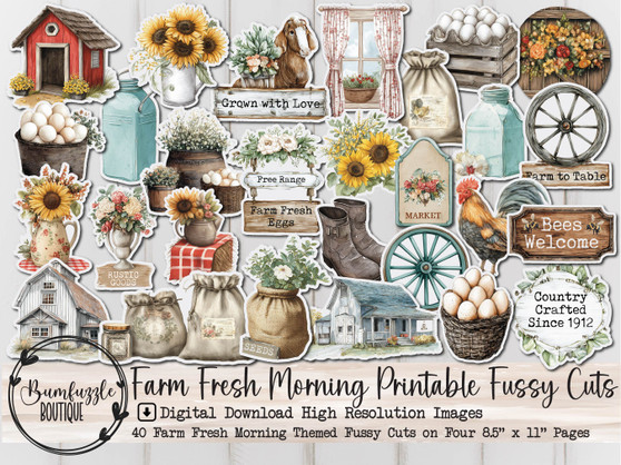 Farm Fresh Fussy Cut Ephemera Pages - 40 High Quality Printable Digital Download - Junk Journal Supplies, Scrapbook, Vintage, Chicken, Eggs