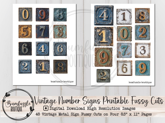 Vintage Metal Signs Fussy Cut Ephemera Pages - 48 High Quality Printable Digital Download - Junk Journal Supplies, Rustic, Rust, Numbers Tag