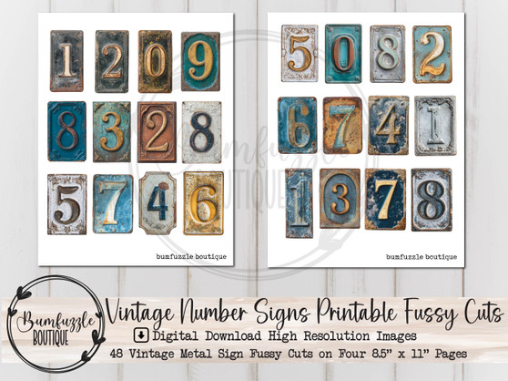 Vintage Metal Signs Fussy Cut Ephemera Pages - 48 High Quality Printable Digital Download - Junk Journal Supplies, Rustic, Rust, Numbers Tag