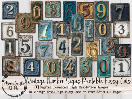 Vintage Metal Signs Fussy Cut Ephemera Pages - 48 High Quality Printable Digital Download - Junk Journal Supplies, Rustic, Rust, Numbers Tag