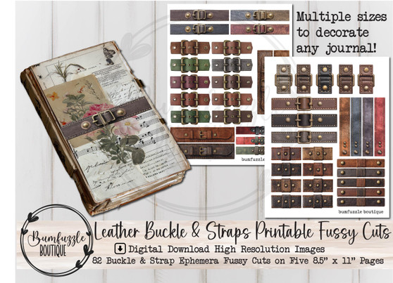 Faux Leather Buckles and Straps Fussy Cut Ephemera Pages - 82 High Quality Printable Digital Download - Junk Journal Cover, Book Hardware