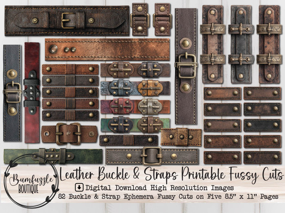 Faux Leather Buckles and Straps Fussy Cut Ephemera Pages - 82 High Quality Printable Digital Download - Junk Journal Cover, Book Hardware