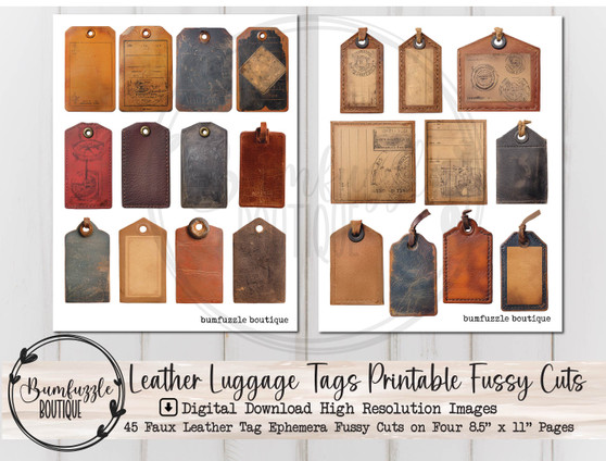 Faux Leather Luggage Tags Fussy Cut Ephemera Pages - 45 High Quality Printable Digital Download - Junk Journal Supplies, Vintage Travel