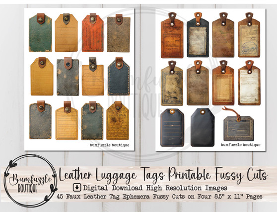 Faux Leather Luggage Tags Fussy Cut Ephemera Pages - 45 High Quality Printable Digital Download - Junk Journal Supplies, Vintage Travel