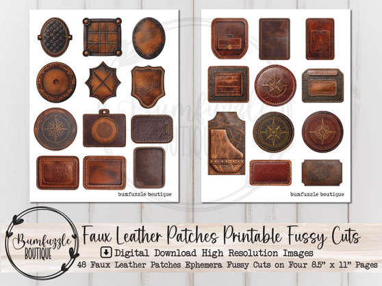 Faux Leather Patches Fussy Cut Ephemera Pages - 48 High Quality Printable Digital Download - Junk Journal Pockets, Tags, Labels, Vintage