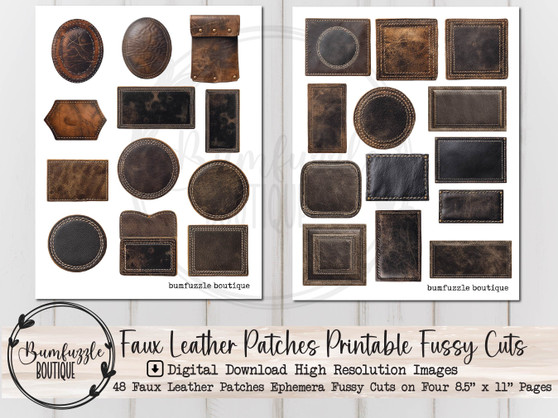 Faux Leather Patches Fussy Cut Ephemera Pages - 48 High Quality Printable Digital Download - Junk Journal Pockets, Tags, Labels, Vintage