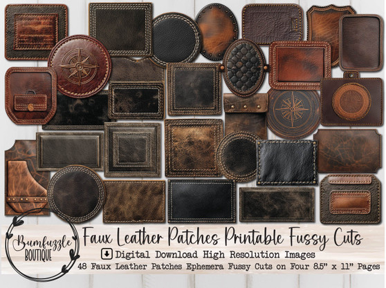 Faux Leather Patches Fussy Cut Ephemera Pages - 48 High Quality Printable Digital Download - Junk Journal Pockets, Tags, Labels, Vintage