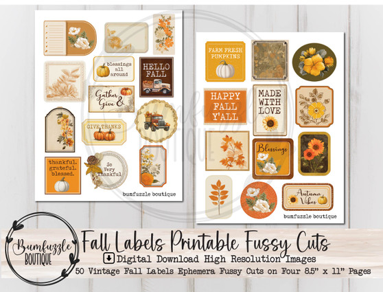 Vintage Fall Labels Fussy Cut Ephemera Pages - 50 High Quality Printable Digital Download - Junk Journal Cutouts, Stickers Tags Autumn Cozy