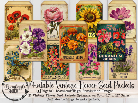 Vintage Flower Seed Packets - 27 High Quality Printable Digital Download, Junk Journal Ephemera, Seed Envelopes, Garden, Floral, Antique