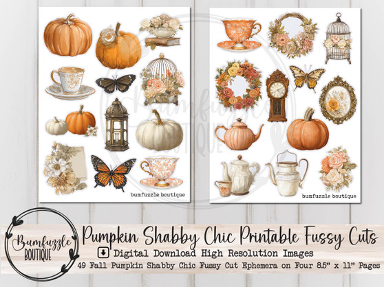 Pumpkin Shabby Chic Fussy Cut Ephemera Pages - 49 High Quality Printable Digital Download - Junk Journal Cutouts, Stickers Tags Autumn Cozy