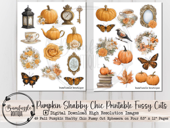 Pumpkin Shabby Chic Fussy Cut Ephemera Pages - 49 High Quality Printable Digital Download - Junk Journal Cutouts, Stickers Tags Autumn Cozy