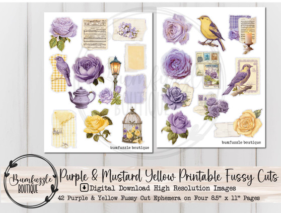 Purple and Yellow Shabby Chic Fussy Cut Ephemera Pages - 42 High Quality Printable Digital Download - Vintage Junk Journal, Rose Butterfly