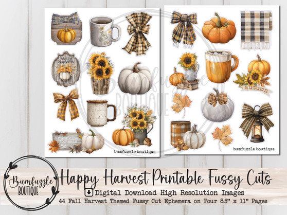 Happy Harvest Fall Fussy Cut Ephemera Pages - 44 High Quality Printable Digital Download - Junk Journal Cutouts, Stickers Tags Autumn Cozy