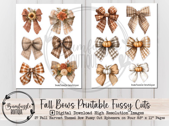 Fall Bows Fussy Cut Ephemera Pages - 27 High Quality Printable Digital Download - Junk Journal Cutouts, Stickers Tags Autumn Cozy, Vintage