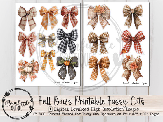 Fall Bows Fussy Cut Ephemera Pages - 27 High Quality Printable Digital Download - Junk Journal Cutouts, Stickers Tags Autumn Cozy, Vintage